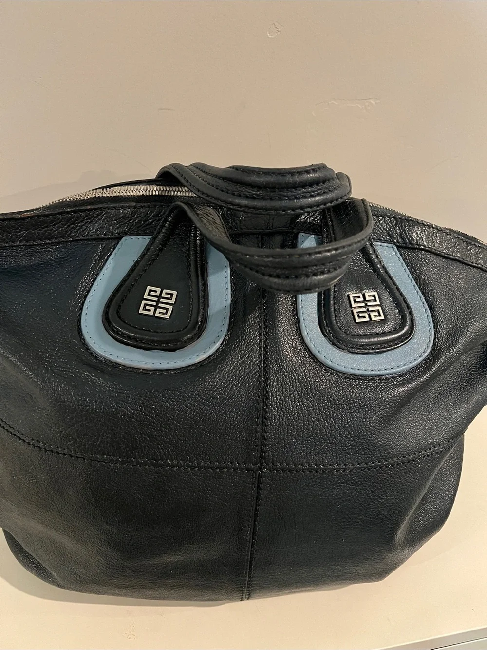 Authentic Givenchy NIGHTINGALE leather shoulder Navy bag with light blue accent